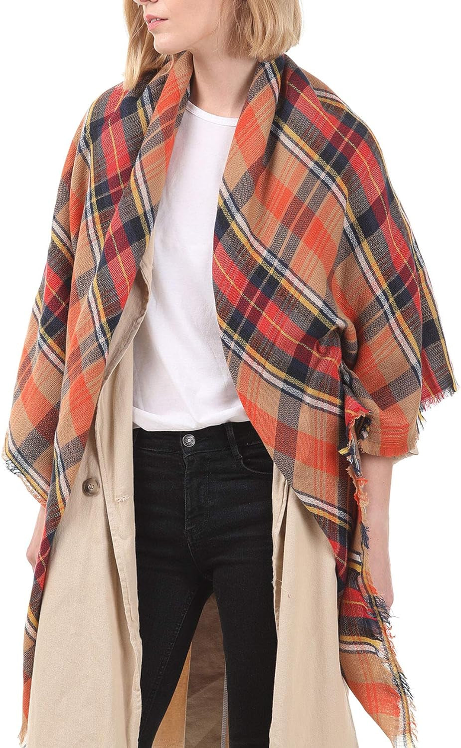 Trendy Women'S Cozy Warm Winter Fall Blanket Scarf Stylish Soft Chunky Checked Giant Scarves Shawl Cape