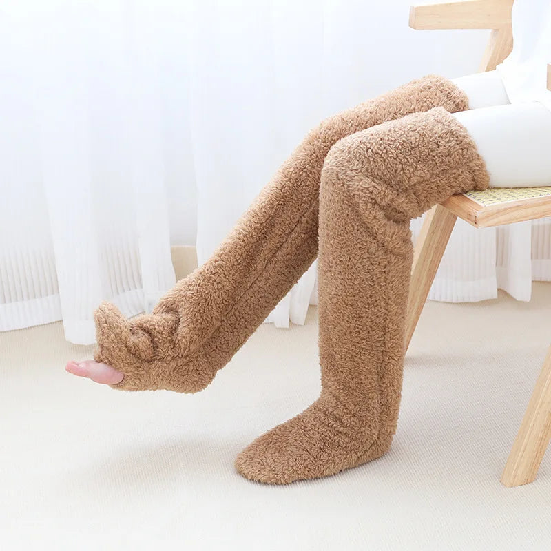 Fluffy Thigh High Socks Teddy Legs Snuggle Long Paws Fuzzy Leggings over Knee Slippers Hairy Stockings Floor Socks