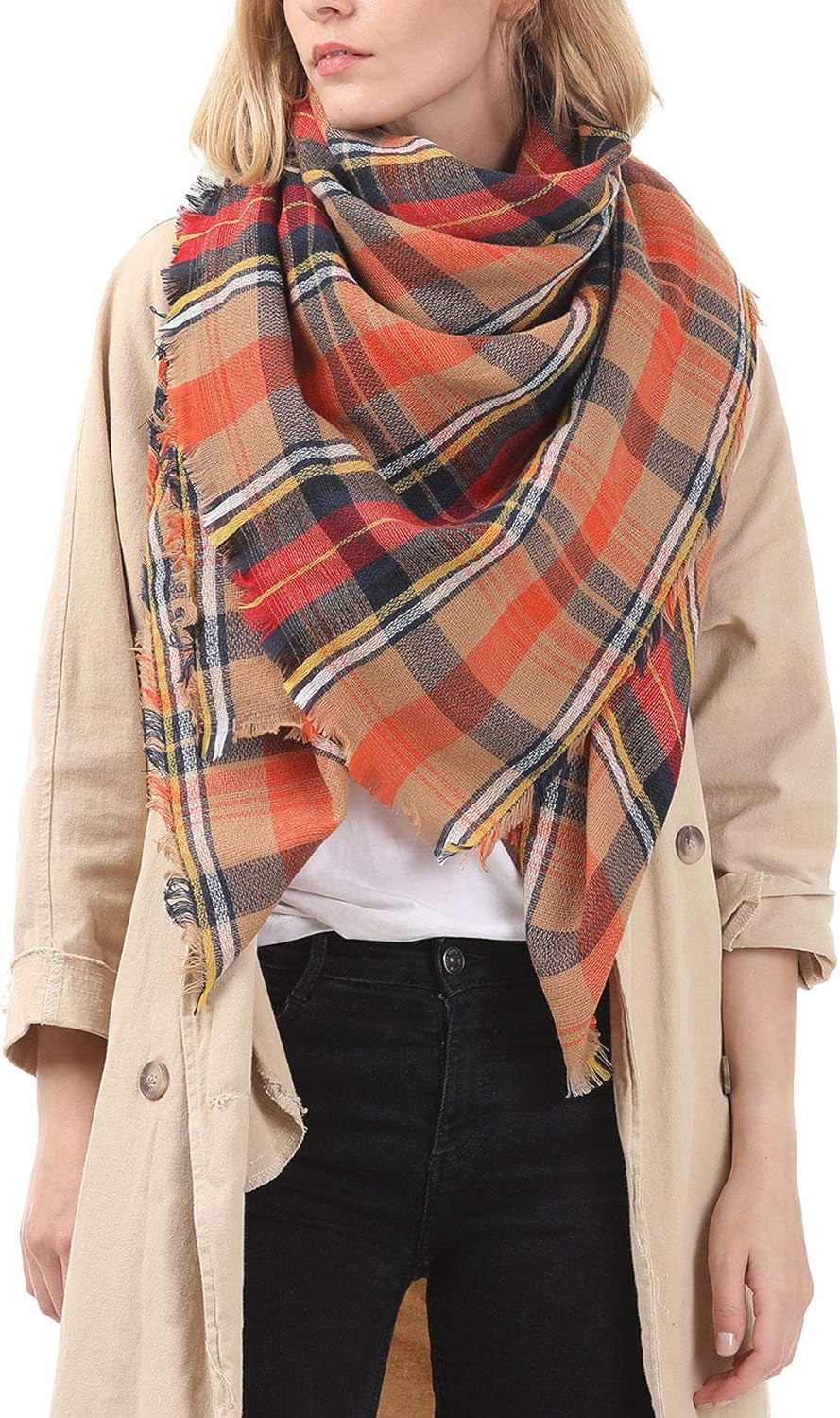 Trendy Women'S Cozy Warm Winter Fall Blanket Scarf Stylish Soft Chunky Checked Giant Scarves Shawl Cape