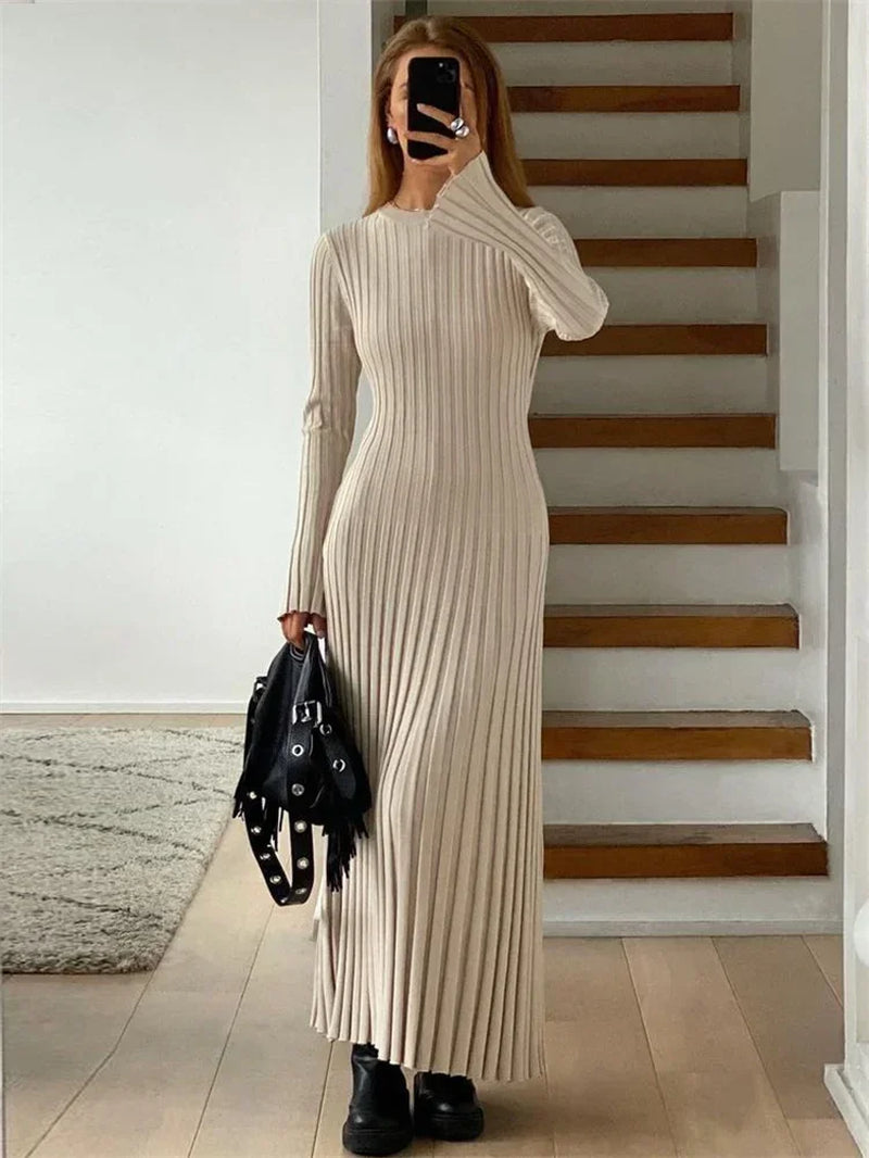 Lace-Up Female Knit Maxi Dress Autumn High Waist Fashion Patchwork Long Sleeve Loose Solid Dress Bandage Knitwear Dress